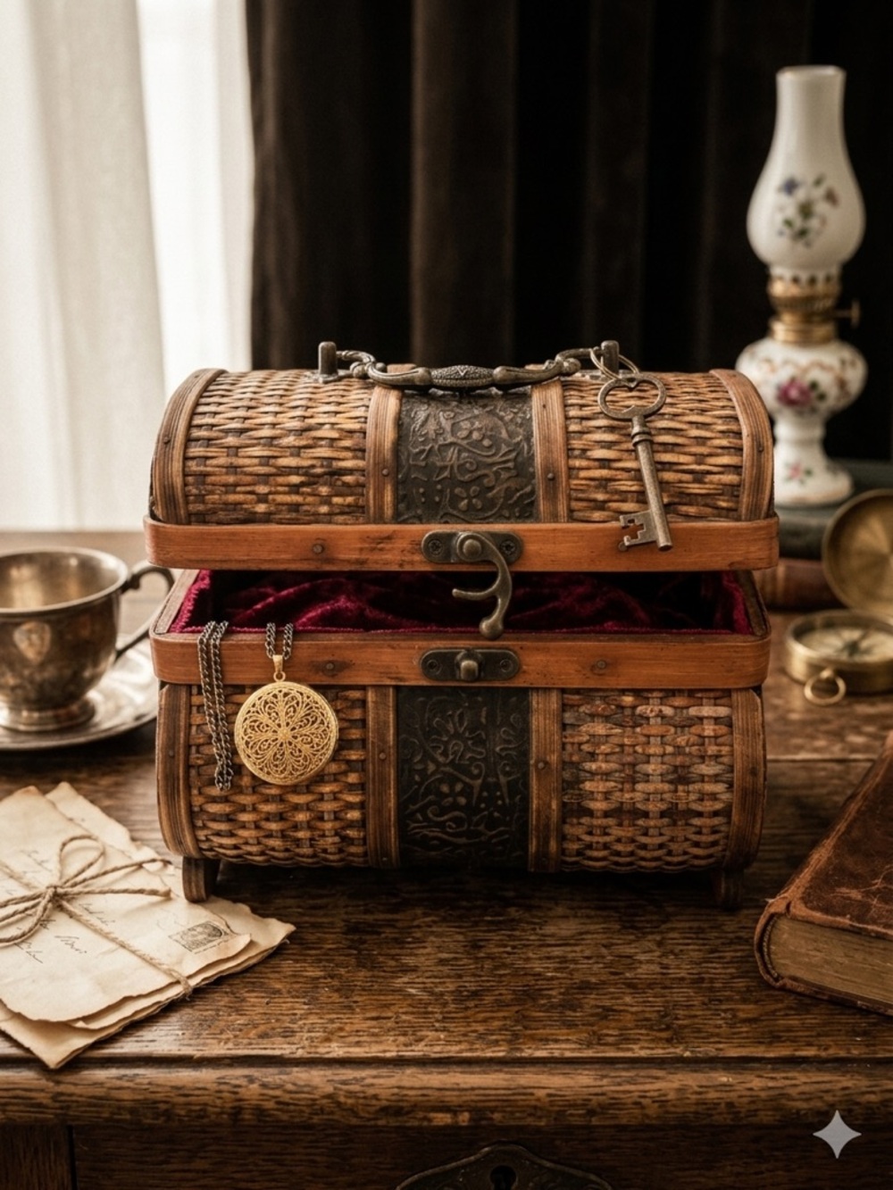 Woven Chest Jewelry Box with Ornate Metal Accents - Brown